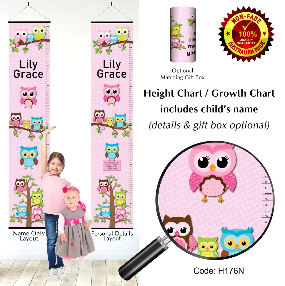 Family Height Charts -  Owls on Pink Background