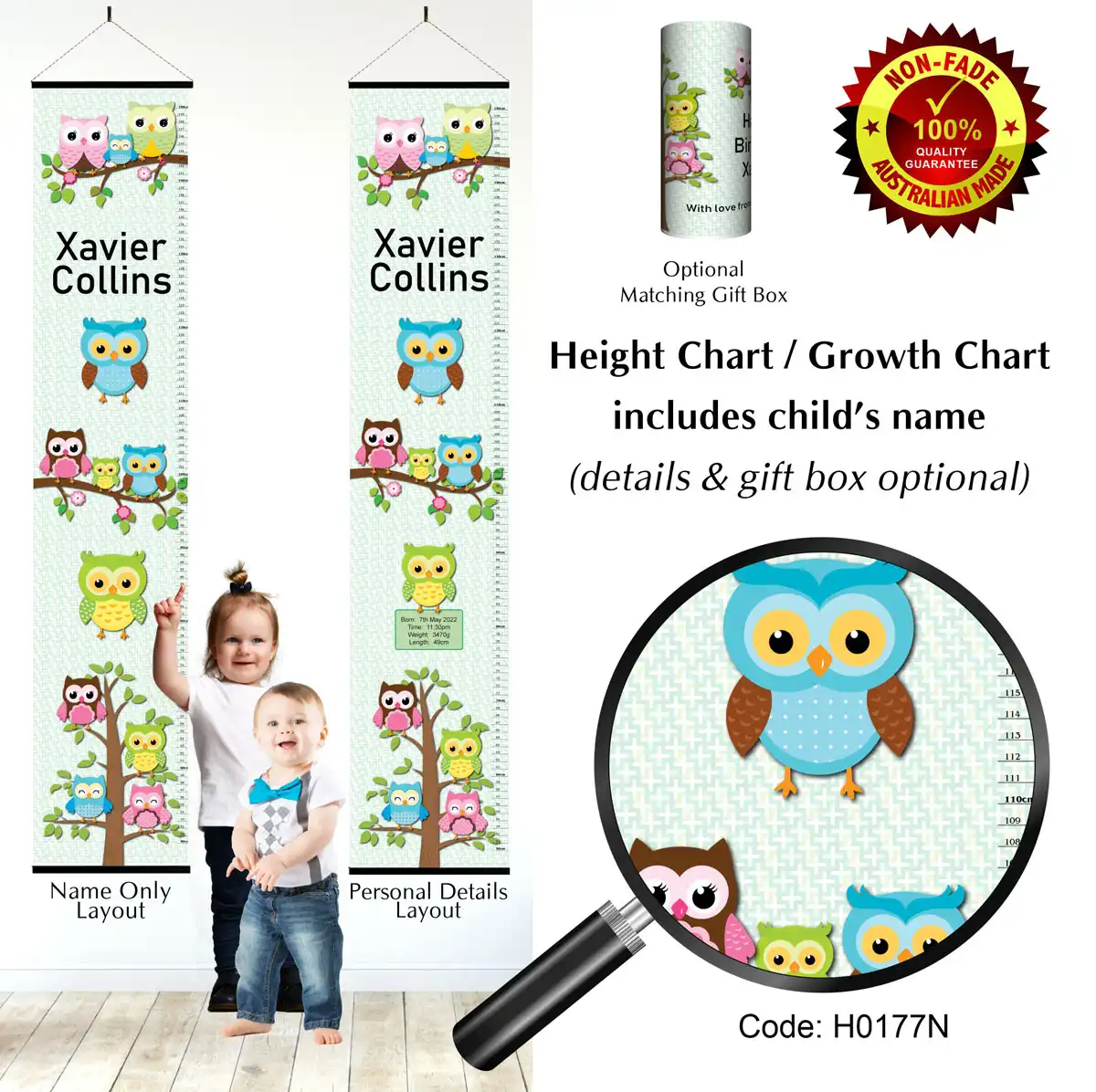 Family Height Charts - Owls on Green Background #1
