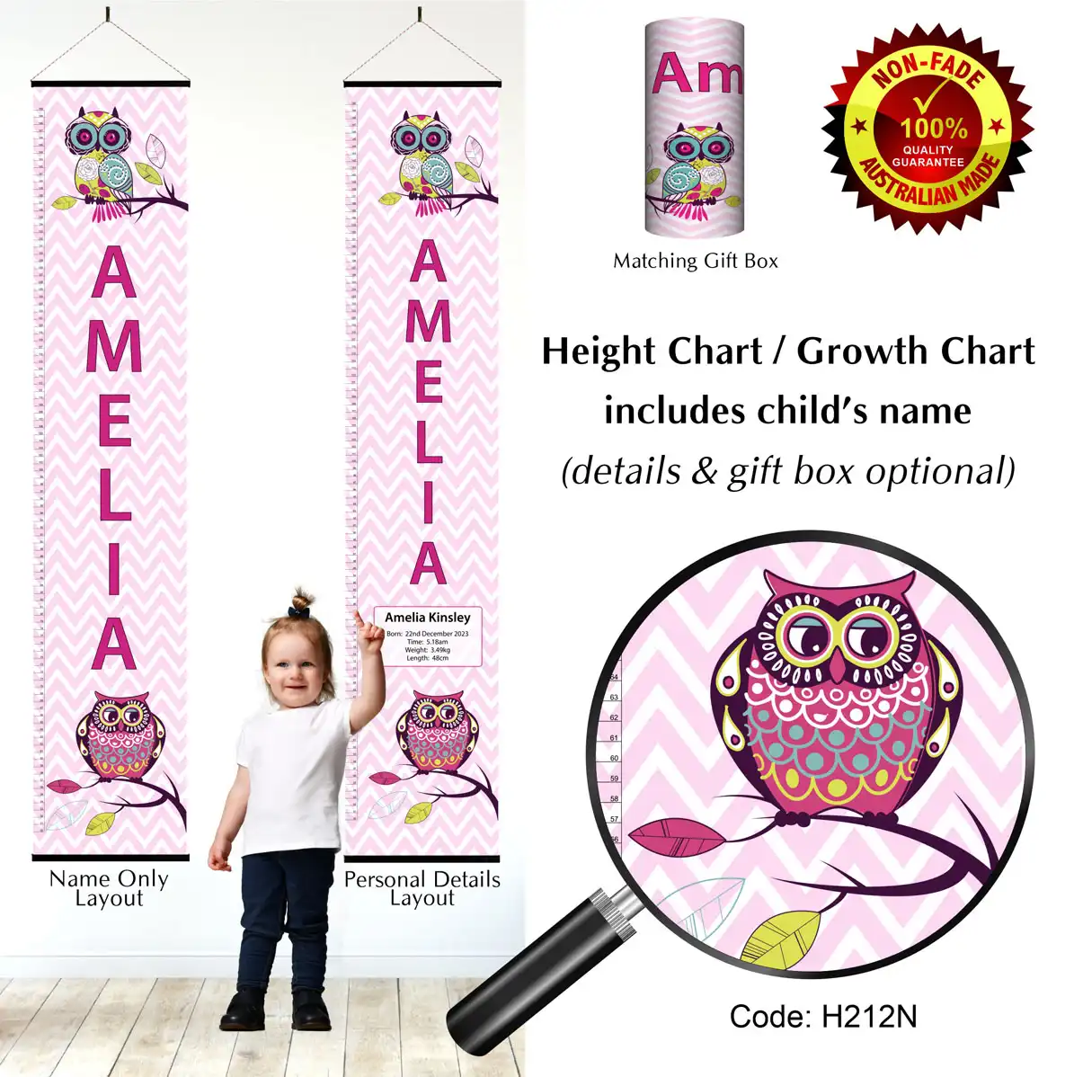 Height Charts - Pink Owls Chevron Pattern #1