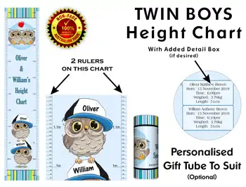 Height Charts - Twin Boys or Brothers with Owl Theme