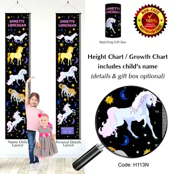 Girls Height Charts - Unicorn in Night Stars