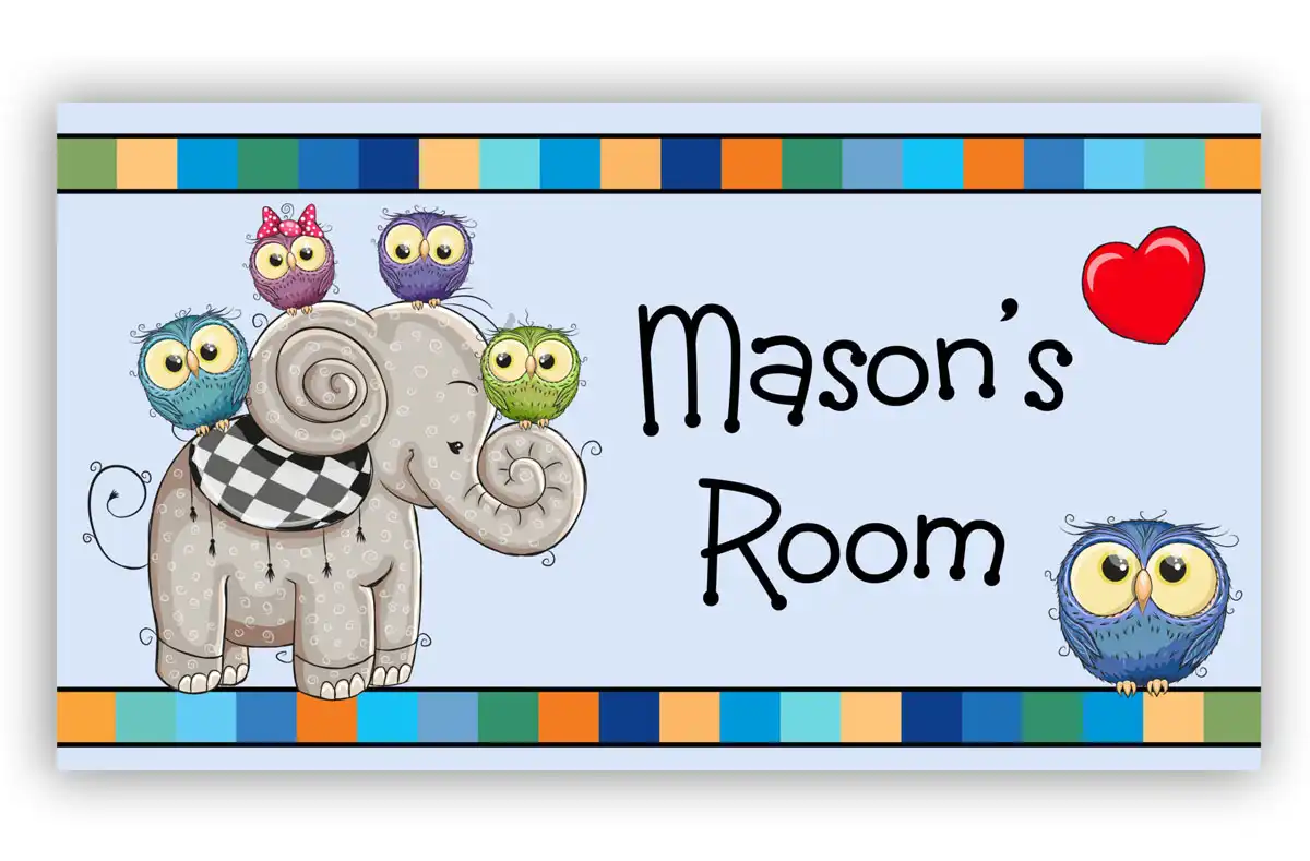 Blue Boys Bedroom Door Plaque Sign with Owls on Elephant