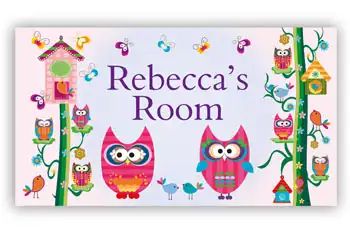 Room Door Sign with Owls in Pink Theme