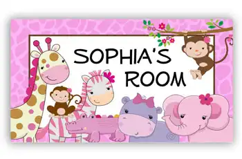 Girls Door Room Sign Jungle Animals Pink Theme