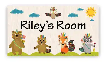 Room Door Sign with Tribal Owl, Bears Animals Theme