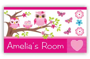 Room Door Sign with Owls Family in Pink Theme