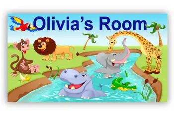 Room Door or Bath Sign with Swimming Jungle Animals