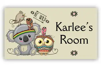 Room Door Sign with Tribal Owl and Koala
